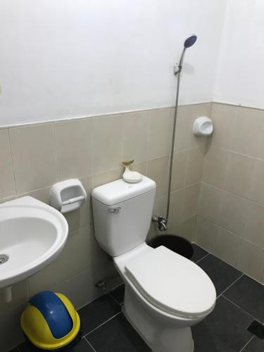 een badkamer met een wit toilet en een wastafel bij Mikhai Guest House near Las Cazas de Acuzar in Bagac