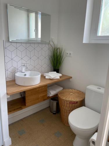 une salle de bain avec un lavabo et des toilettes dans l'établissement Maison gîte 2/4 P baie du mont, à Pontorson