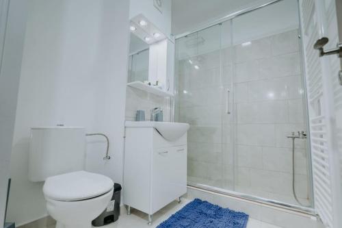 a bathroom with a shower and a toilet and a sink at Plaza View in Bucharest