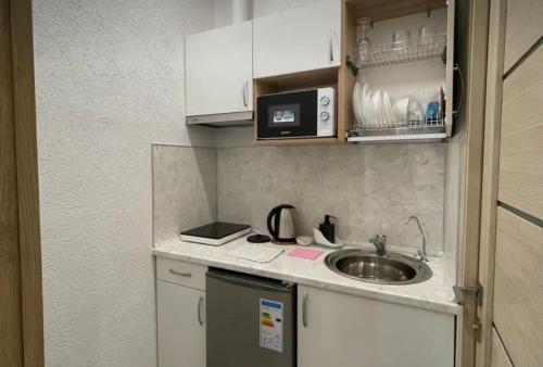 una pequeña cocina con fregadero y microondas en VIP apart 771 en Tiflis
