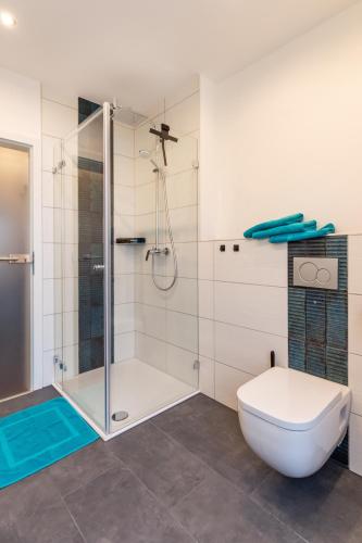 a bathroom with a shower and a toilet at Ferienwohnungen An den SchwabachAuen - Keine Monteure in Eckental