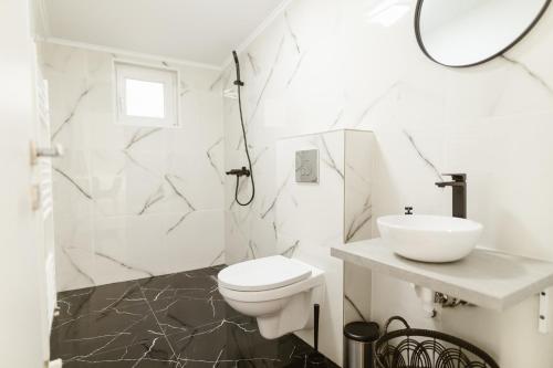 een witte badkamer met een toilet en een wastafel bij Cabana Erta 