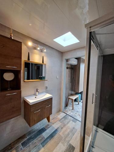 a bathroom with a sink and a glass shower at bnbheerhugowaard in Heerhugowaard