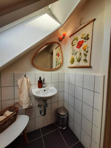 a bathroom with a sink and a mirror at Diana's Stube in Krefeld