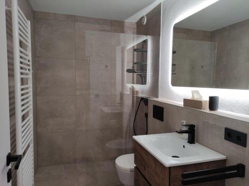 ein Badezimmer mit einem Waschbecken, einem WC und einem Spiegel in der Unterkunft FeWo Keko´s Loft, Oberreute in Oberreute
