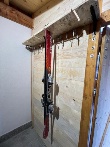 a room with a wall with skis in it at Appartamento Sara in Commezzadura