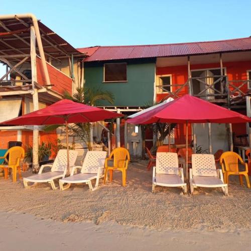プラヤ・ブランカにあるPlaya Tortuga Cabañaのビーチに置かれた椅子とパラソルの群れ