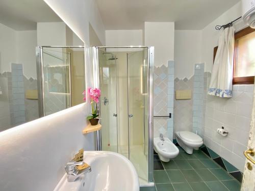 a bathroom with a shower and a sink and a toilet at Residence La Rosa in Porto San Paolo