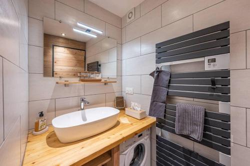 une salle de bain avec un lavabo et une machine à laver dans l'établissement LE TRONADOR - 2 pièces au pied des pistes, à Orcières