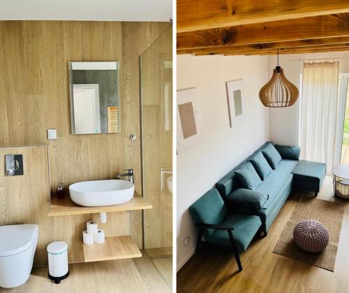 two pictures of a bathroom with a couch and a sink at Osada Hygge in Gostynin