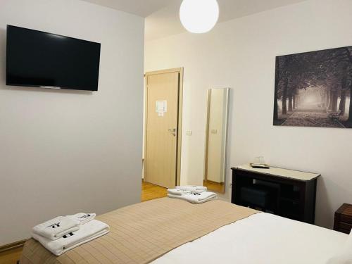 um quarto com uma cama e uma televisão de ecrã plano em D' Magic em Broşteni