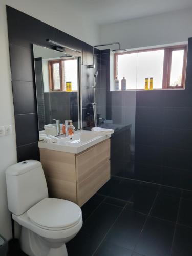 y baño con aseo blanco y lavamanos. en Guesthouse Maximilian, en Keflavík