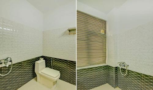 two pictures of a bathroom with a toilet and a shower at Hotel The Benz in Chandīgarh