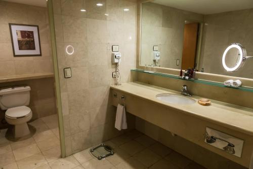 a bathroom with a sink and a toilet and a mirror at Marriott Tijuana Hotel in Tijuana