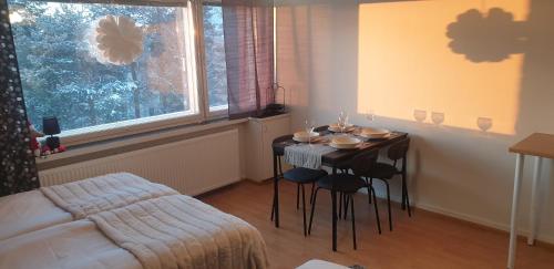 罗瓦涅米Arctic Condo at City Centre的一间有桌子、椅子和床的房间