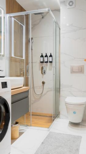 a bathroom with a shower and a toilet and a sink at Apartment Forma in Zlatibor