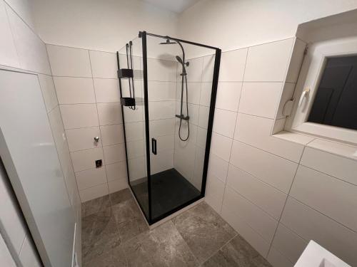 a shower with a glass door in a bathroom at Ferienwohnung ImZaro: Erdgeschoss, 2 Schlafzimmer plus Schlafsofa, eigener Eingang, große Terrasse mit Garten! in Spittal an der Drau
