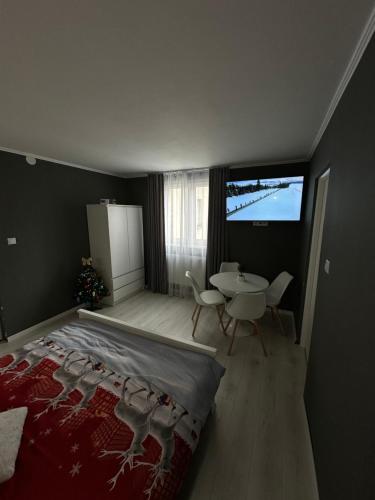um quarto com uma cama e uma mesa com cadeiras em Luxury Apartment em Topliţa