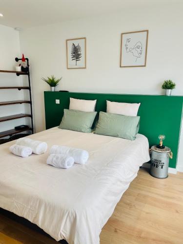 un grand lit avec deux serviettes dessus dans l'établissement Appartement centre historique, à Mulhouse