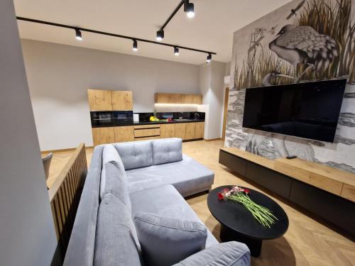 a living room with a couch and a large tv at Apartamenty Sebastiana in Kraków