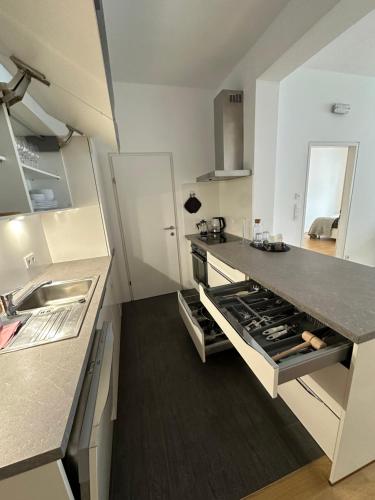 cocina con fregadero y fogones horno superior en Geräumiges modernes Apartment 1-6 Personen, en Imst