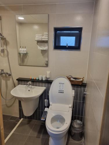 uma casa de banho com um WC, um lavatório e um espelho. em JEJU Amoje em Seogwipo