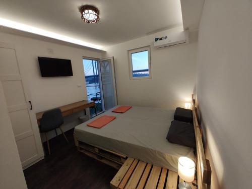 Dormitorio con cama, escritorio y TV en Savka Splav, en Belgrado