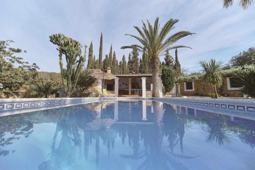a large swimming pool with palm trees and a house at Can Valencià in Montecristo