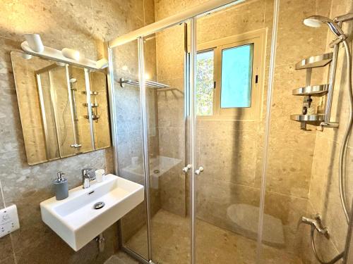 La salle de bains est pourvue d'un lavabo et d'une douche en verre. dans l'établissement Himonas Apartments, à Pissoúri