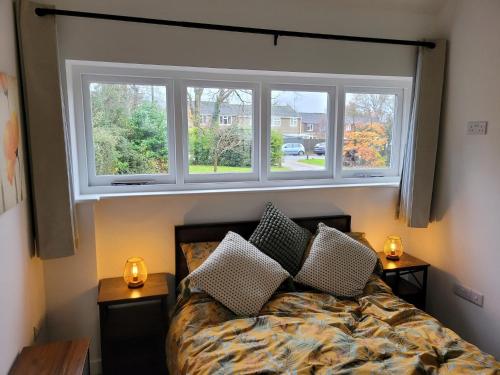 a bedroom with a bed and two windows at The Annexe at Albourne in Albourne