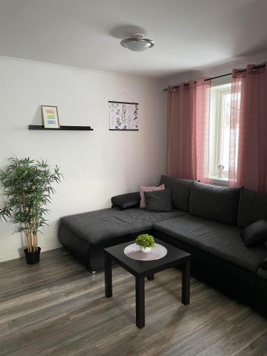 a living room with a couch and a table at Två rum och kök mellan staden och fjället in Oviken