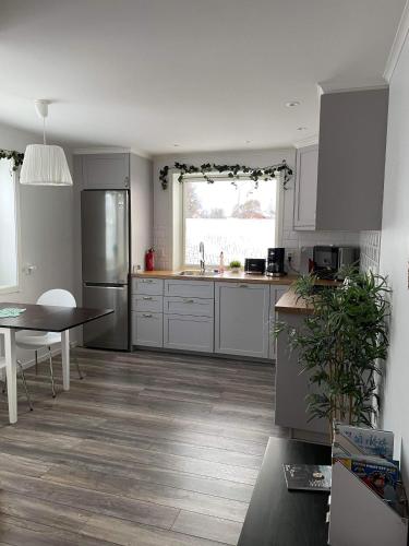 a kitchen with stainless steel appliances and a table at Två rum och kök mellan staden och fjället in Oviken