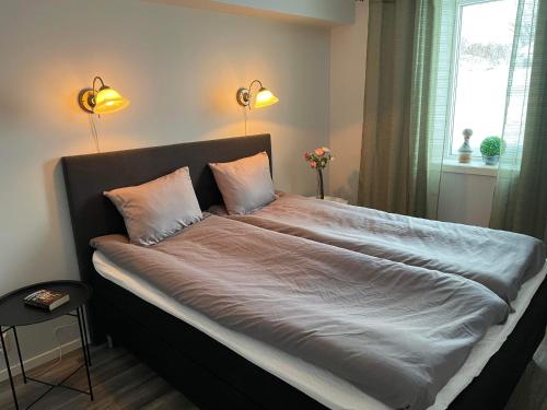 a bedroom with a large bed with two pillows at Två rum och kök mellan staden och fjället in Oviken