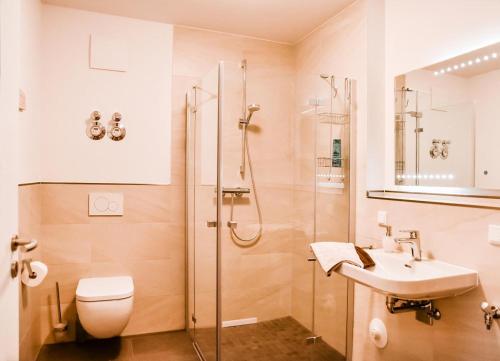 uma casa de banho com um chuveiro, um WC e um lavatório. em Appartement Abendsonne em Büsum