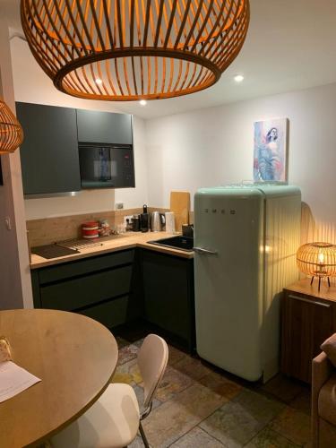 Il comprend une cuisine équipée d'un vieux réfrigérateur et d'une table. dans l'établissement Studio Lyon Collonges au Mont d'Or, à Collonges-au-Mont-dʼOr