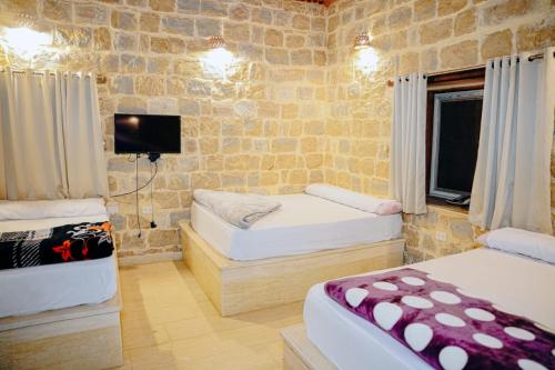 a room with two beds and a tv in it at Tebtunis in ‘Izbat an Nāmūs