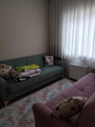 uma sala de estar com um sofá verde e uma janela em Söke toki em Soke