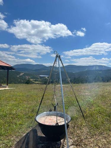 a bird bath sitting on top of a field at Zlatiborski katuni in Zlatibor