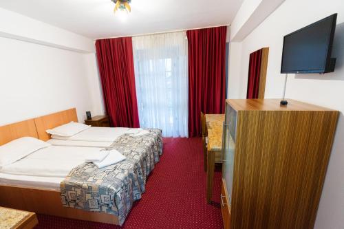 a hotel room with a bed and a flat screen tv at Mountain Breeze in Predeal