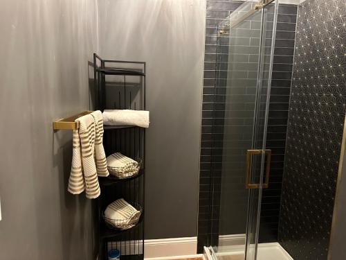 a bathroom with a shower with towels and a glass shower stall at The Historic Lyric Penthouse with Private Rooftop in Cincinnati