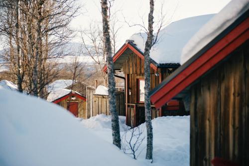 a cabin in the snow with a red roof at Fjällfrid stugby in Bruksvallarna