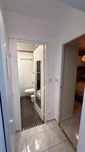 La salle de bains blanche est pourvue de toilettes et d'un miroir. dans l'établissement MAZET DE LA MER 54M2 LAVANDOU 100M PLAGE avec PISCINE, au Lavandou