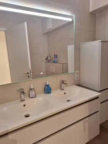 a bathroom with a white sink and a mirror at Apartment Annies Deichliebe in Krummhörn