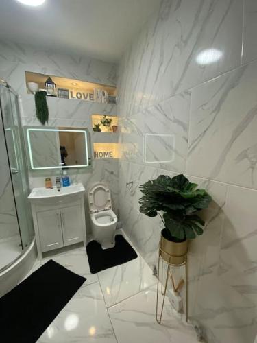 a white bathroom with a toilet and a sink at Cozy Peckham Apartments in London