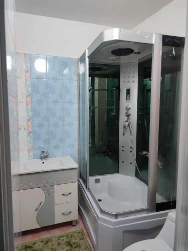 een badkamer met een douche, een toilet en een wastafel bij Downtown cozy flat in Ulaanbaatar