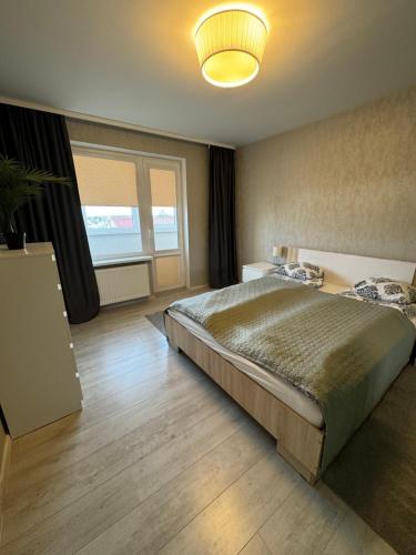 a bedroom with a large bed and a large window at Dārzu ielas apartamenti in Rēzekne