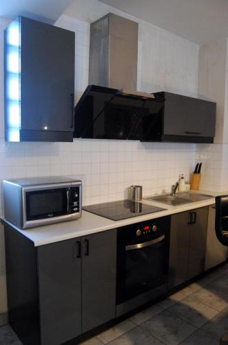 a kitchen with a microwave and a sink at Apartaments Gory in Niedzica Zamek