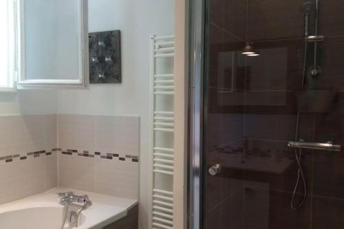 une salle de bain avec une douche et un lavabo et un lavabo dans l'établissement Au goût du miel. Luberon-Provence., à Maubec