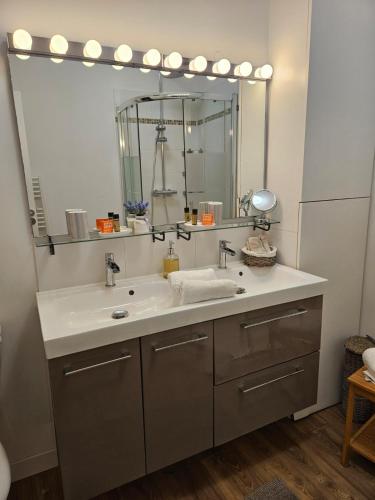 une salle de bain avec un lavabo et un grand miroir dans l'établissement La Maison Colline, à Saint-Émilion