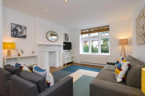 a living room with a couch and a fireplace at The Dagmar Grove Apartments in Nottingham